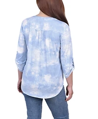 Ny Collection Women's Knit Jacquard 3/4 Sleeve Roll Tab Top