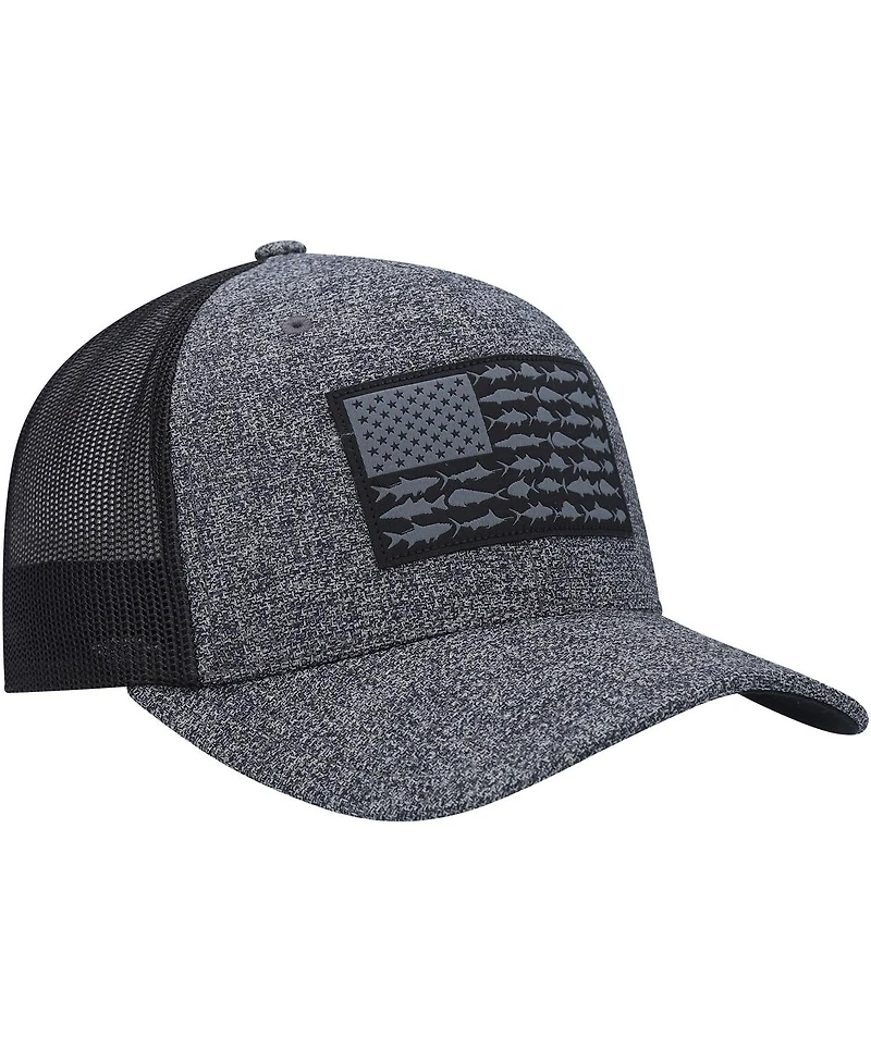Men's Columbia Heathered Charcoal, Black Pfg Fish Flag Coolmax Trucker Snapback Hat