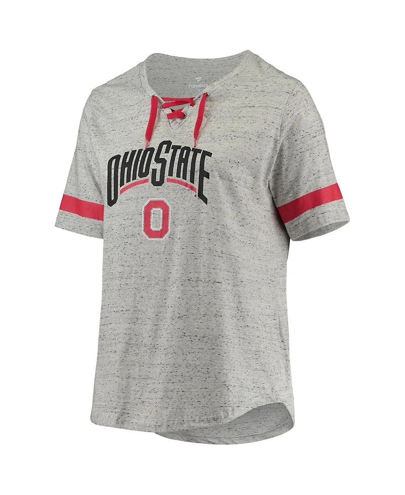 Women's Heathered Gray and Scarlet Ohio State Buckeyes Plus Size Lace-Up V-Neck T-shirt