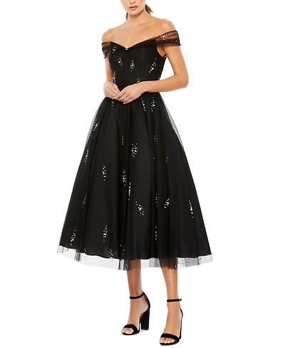 Mac Duggal Women's Imitation-Pearl Embellished Off-The-Shoulder A-Line Dress