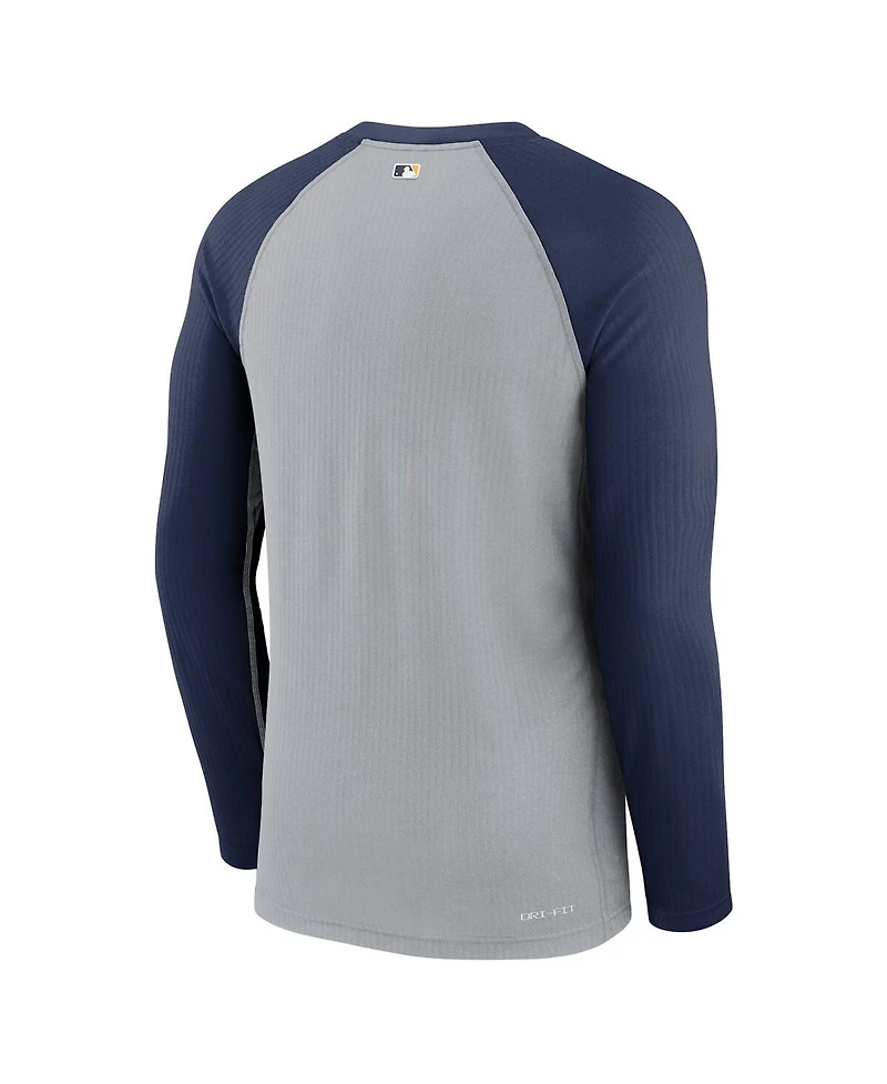 Men's Nike Gray, Navy Milwaukee Brewers Game Authentic Collection Performance Raglan Long Sleeve T-shirt