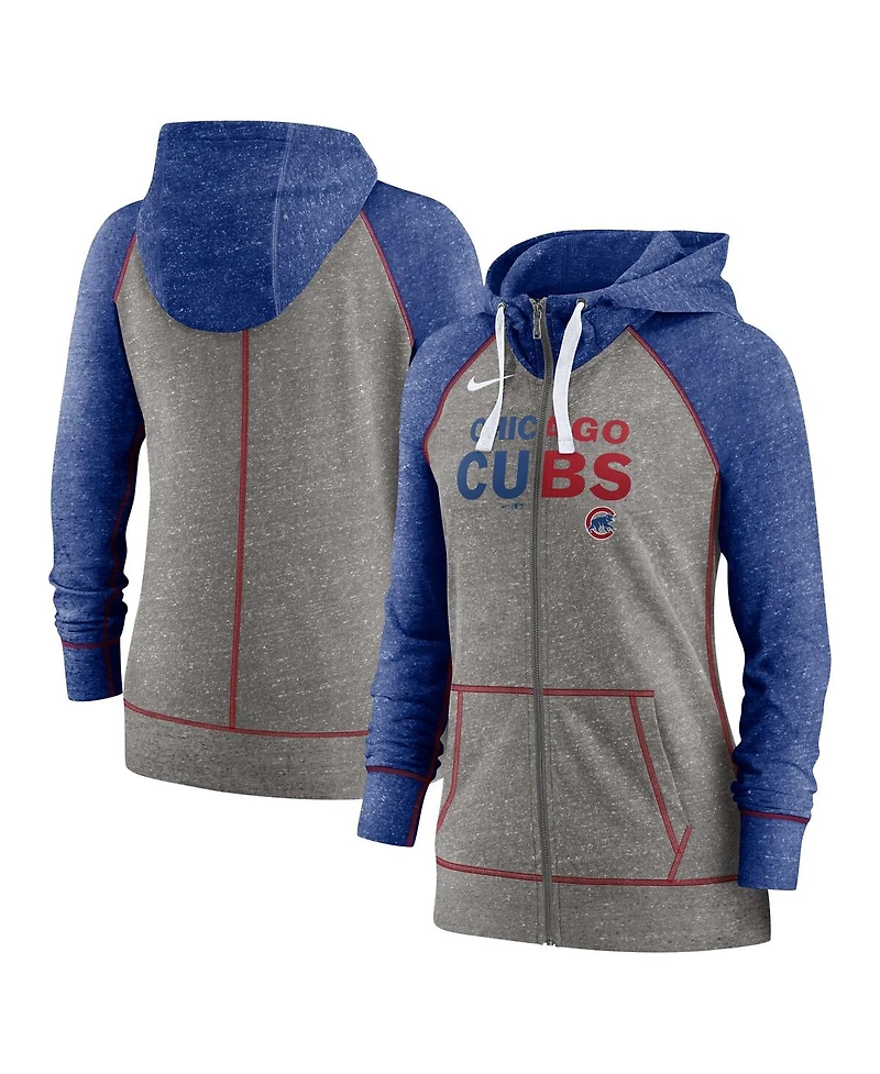 Women's Nike Heathered Charcoal and Heathered Royal Chicago Cubs Split Wordmark Gym Vintage-Like Raglan Slub Full-Zip Hoodie