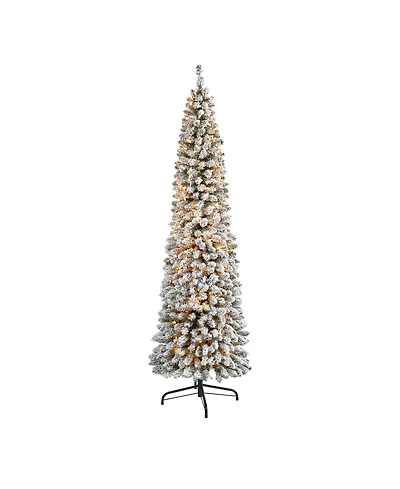 Flocked Pencil Artificial Christmas Tree with Lights and Bendable Branches, 84"