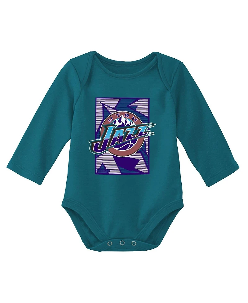 Infant Boys and Girls Mitchell & Ness Purple, Teal Utah Jazz Hardwood Classics Bodysuits and Cuffed Knit Hat Set