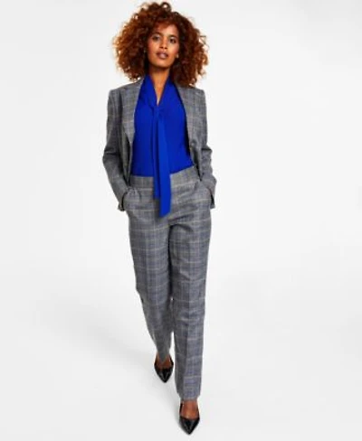 Kasper Womens Glen Plaid Two Button Blazer Sleeveless Bow Neck Top Glen Plaid Pull On Pants