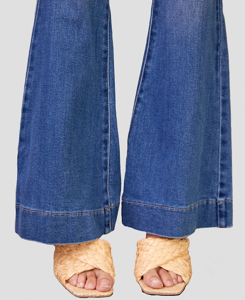 Kancan Women's High Rise Faded Stretch Flare Jeans