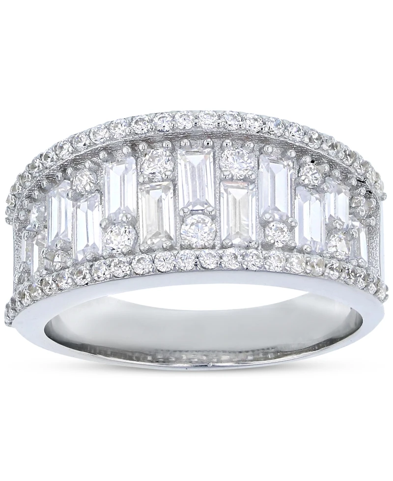 Cubic Zirconia Round & Baguette Statement Ring Sterling Silver