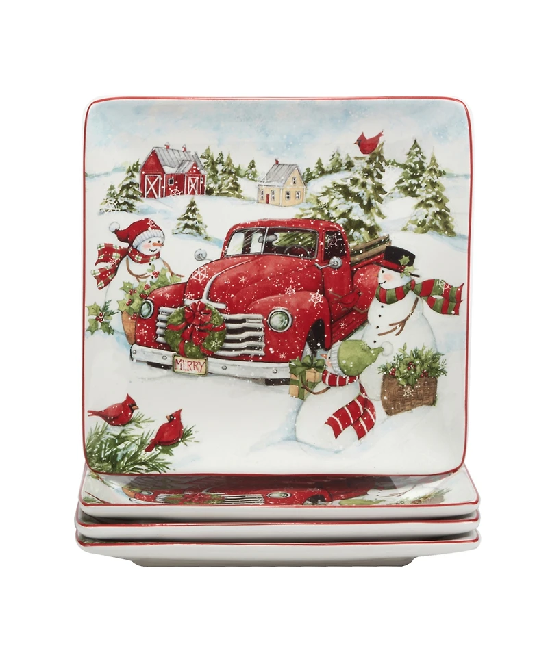 Certified International Red Truck Snowman 16 Piece Dinnerware Set