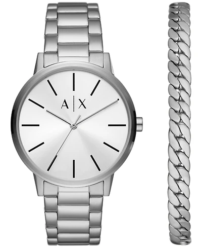A|X Armani Exchange Men's Three-Hand Silver-tone Stainless Steel Bracelet Watch and 1 Bracelet Gift Set, 42mm