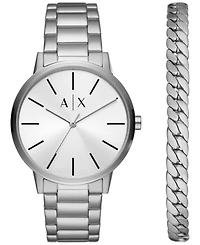 A|X Armani Exchange Men's Three-Hand Silver-tone Stainless Steel Bracelet Watch and 1 Bracelet Gift Set, 42mm