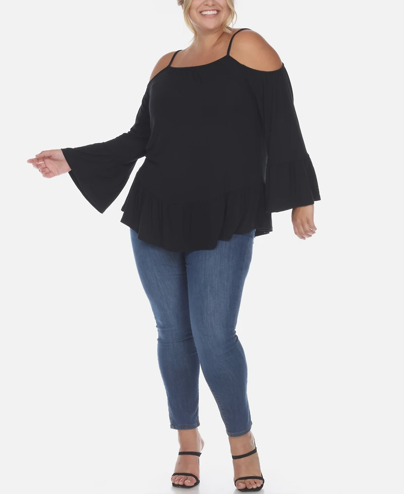 White Mark Plus Cold Shoulder Ruffle Sleeve Top