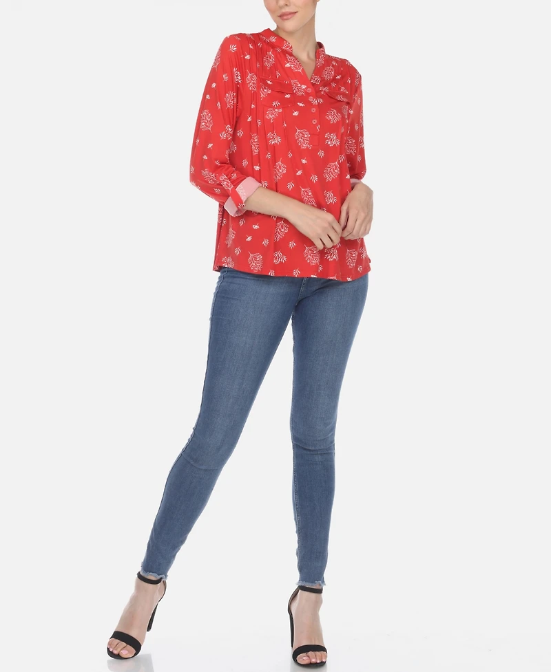 Women's Pleated Leaf Print Blouse