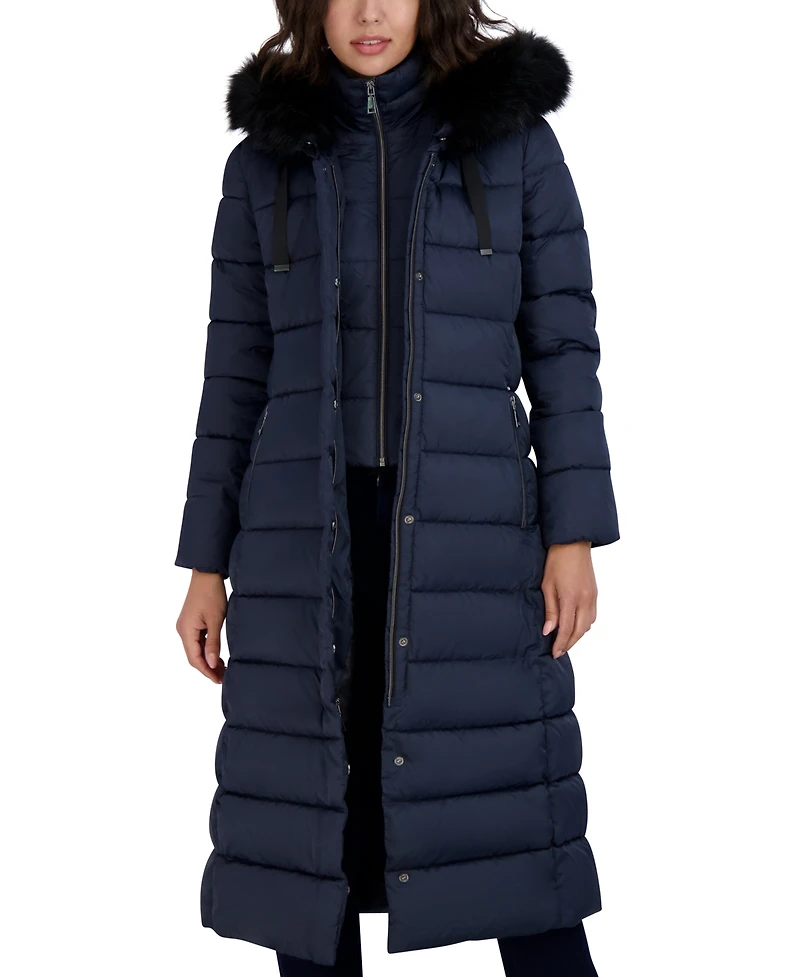 Tahari Womens Maxi Shine Bibbed Faux-Fur-Trimmed Hooded Puffer Coat