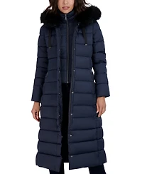 Tahari Womens Maxi Shine Bibbed Faux-Fur-Trimmed Hooded Puffer Coat