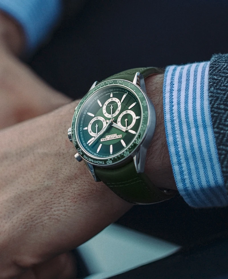 Raymond Weil Men's Swiss Automatic Chronograph Freelancer Green Leather Strap Watch 43.5mm