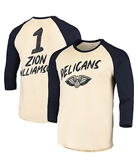 Men's Fanatics Zion Williamson Cream, Navy New Orleans Pelicans Raglan 3, 4 Sleeve T-shirt