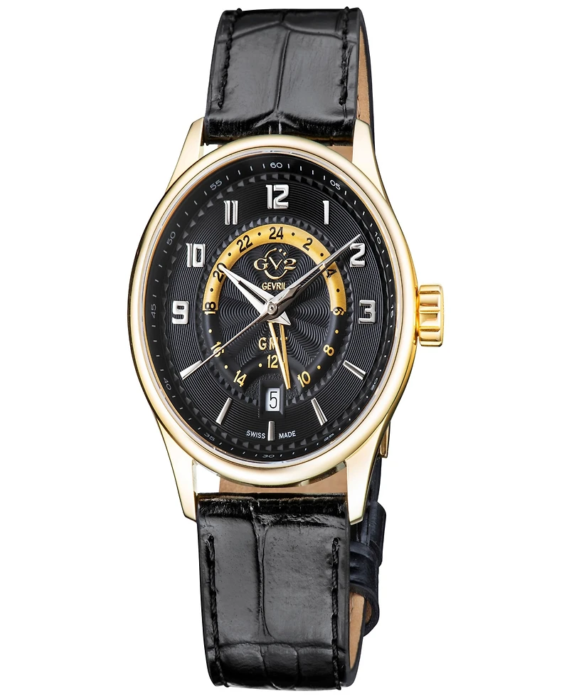 Gevril Men's Giromondo Swiss Quartz Black Genuine Leather Strap Watch 42mm