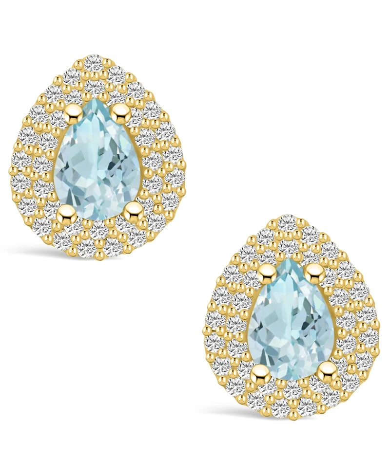 Macy's Aquamarine (1-1/5 ct. t.w.) and Diamond (5/8 ct. t.w.) Halo Stud Earrings in 14K Yellow Gold