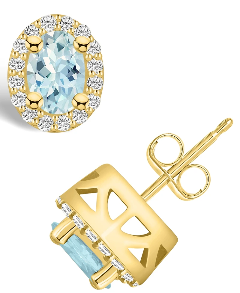 Macy's Aquamarine (3/4 ct. t.w.) and Diamond (1/4 ct. t.w.) Halo Stud Earrings in 14K Yellow Gold