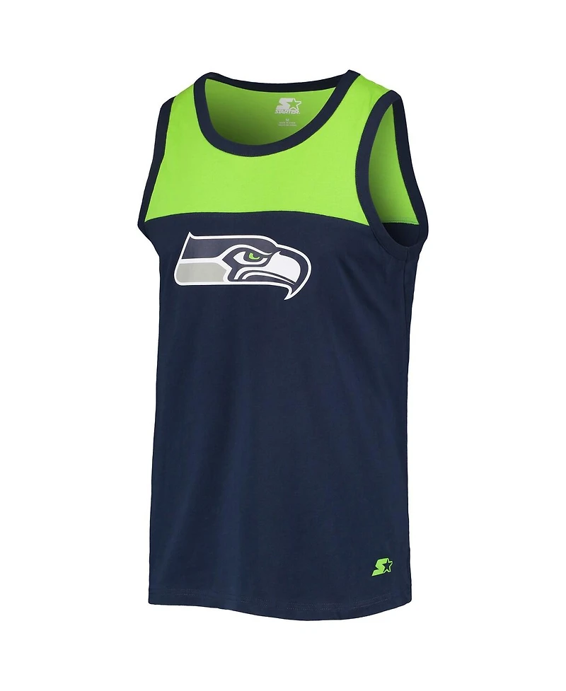 Men's Starter College Navy, Neon Green Seattle Seahawks Team Touchdown Fashion Tank Top