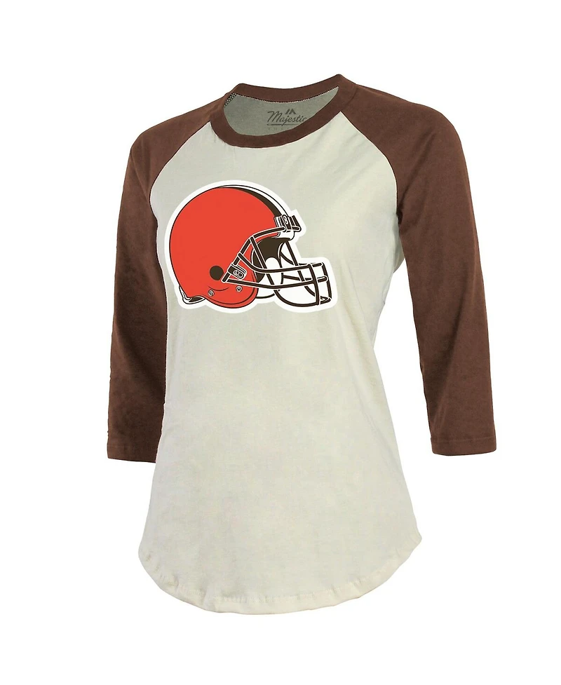 Women's Majestic Threads Deshaun Watson Cream, Brown Cleveland Browns Name & Number Raglan 3/4 Sleeve T-shirt