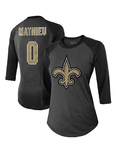 Women's Majestic Threads Tyrann Mathieu Black New Orleans Saints Name & Number Raglan 3/4 Sleeve T-shirt