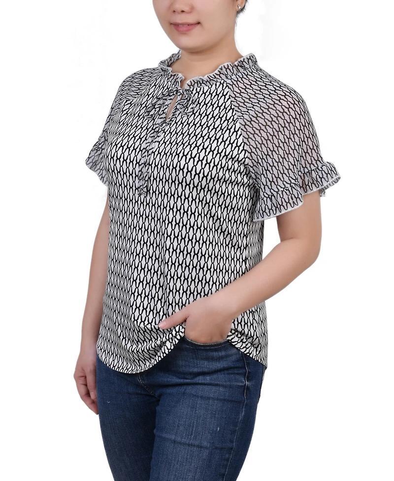 Ny Collection Petite Chiffon Short Ruffled Sleeve Crepe Knit Top