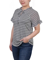 Ny Collection Petite Chiffon Short Ruffled Sleeve Crepe Knit Top