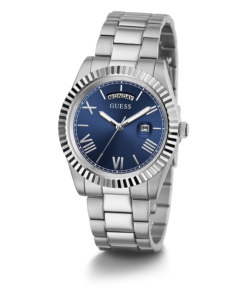 Guess Men's Silver-Tone Stainless Steel Bracelet, Day, Date Watch, 42mm