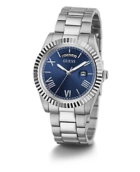 Guess Men's Silver-Tone Stainless Steel Bracelet, Day, Date Watch, 42mm