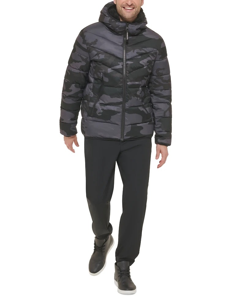 Calvin Klein Men's Chevron Stretch Jacket With Sherpa Lined Hood