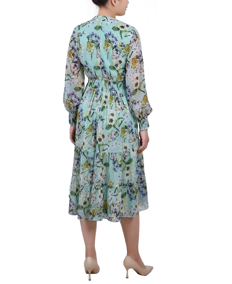 Women's Long Sleeve Clip Dot Chiffon Dress with Smocked Waist and Cuffs