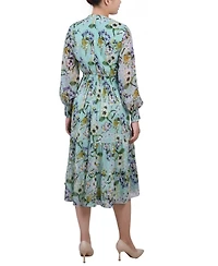 Women's Long Sleeve Clip Dot Chiffon Dress with Smocked Waist and Cuffs