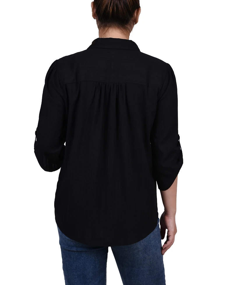 Ny Collection Women's 3/4 Roll Tab Sleeve Cotton Blouse