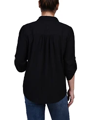 Ny Collection Women's 3/4 Roll Tab Sleeve Cotton Blouse