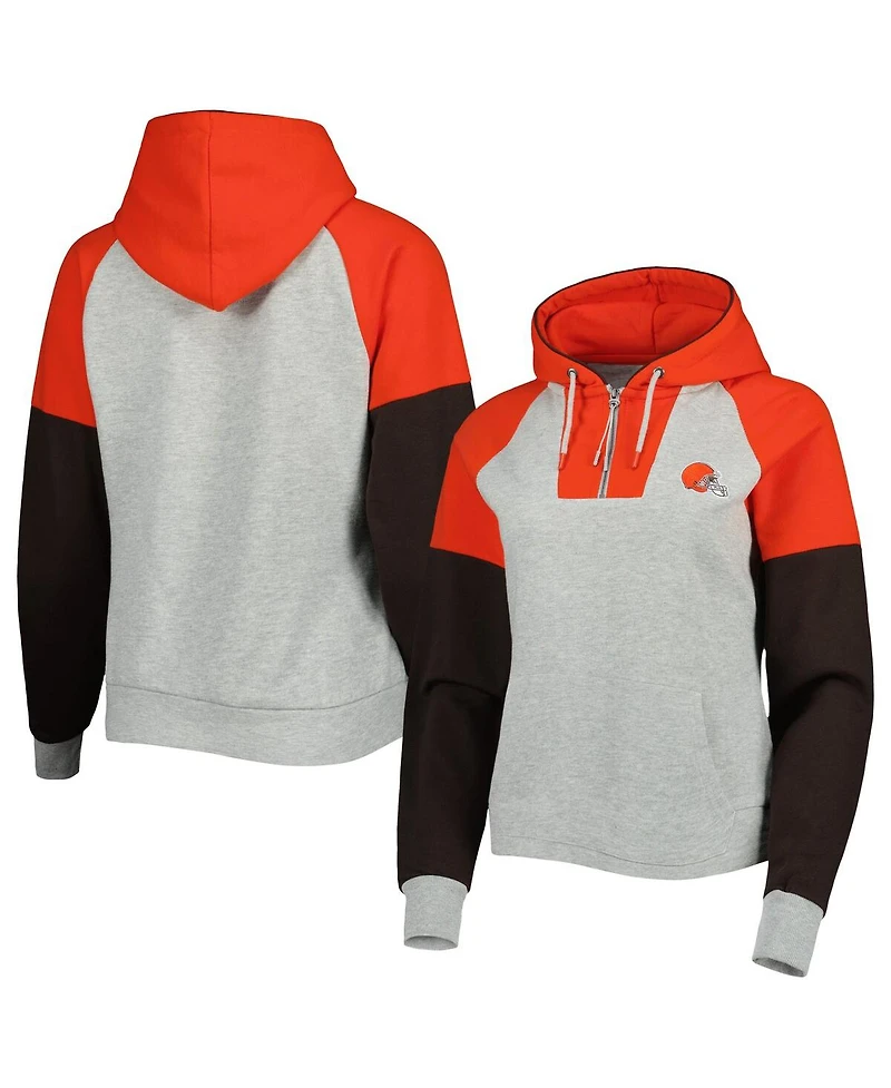 Women's Antigua Heathered Gray, Orange Cleveland Browns Jackpot Raglan Half-Zip Pullover Hoodie