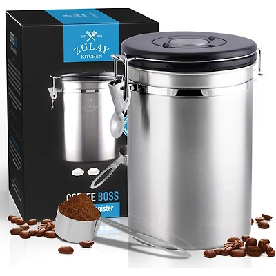 Coffee Storage Canister with Scoop - Features Include a Date Tracker, Built-In One-Way CO2 Valve & 2 Spare Filter Replacements