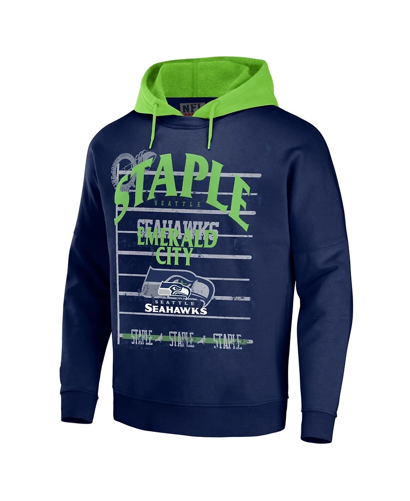 Men's Nfl X Staple Navy Seattle Seahawks Oversized Gridiron Vintage-Like Wash Pullover Hoodie
