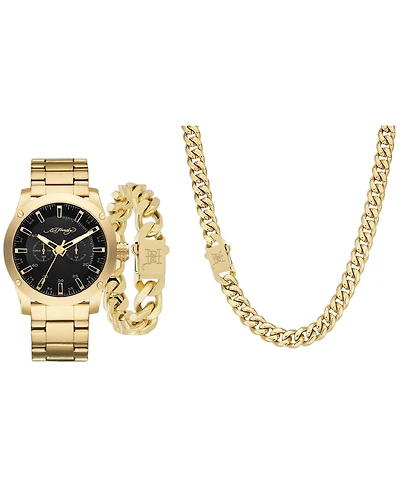 Ed Hardy Men's Shiny Gold-Tone Metal Bracelet Watch 46mm Gift Set