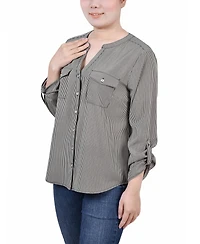 Petite 3/4 Sleeve Roll Tab Y Neck Blouse