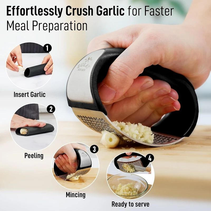 Stainless Steel Garlic Press Rocker Set - Premium Mincer Crusher with Peeler and Scraper