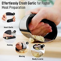 Stainless Steel Garlic Press Rocker Set - Premium Mincer Crusher with Peeler and Scraper