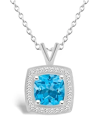 Macy's Blue Topaz (1-3/4 ct. t.w.) and Diamond (1/7 ct. t.w.) Halo Pendant Necklace in Sterling Silver