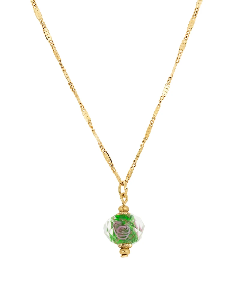 2028 Gold-Tone Green and Pink Flower Bead Necklace