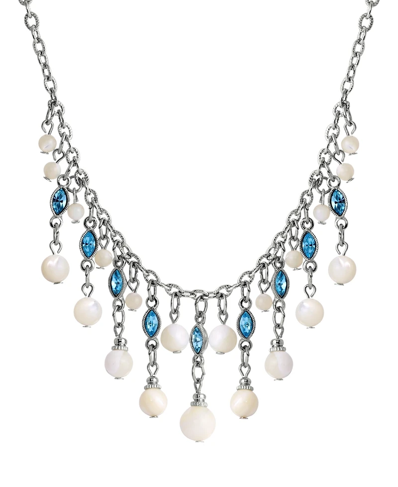 2028 Silver-Tone Aqua and Mother of Pearl Necklace