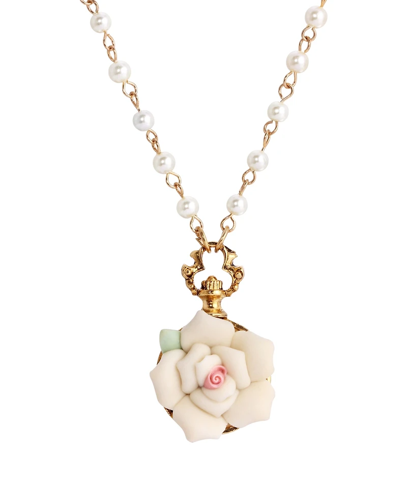 2028 White Flower with Imitation Pearl Adjustable Necklace