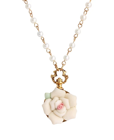 2028 White Flower with Imitation Pearl Adjustable Necklace