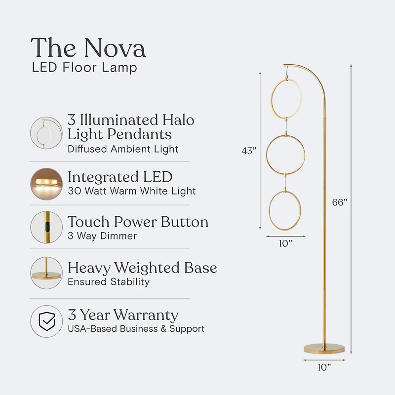 Brightech Nova 74" Dimmable Led Floor Lamp with Hanging Ring Design and Touch Control, Smart Plug Compatible