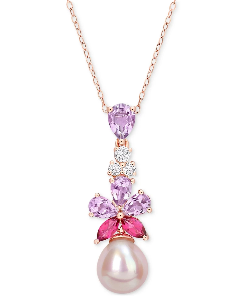 Pink Cultured Freshwater Pearl (9-1/2mm) & Multi-Gemstone (2-3/8 ct. t.w.) 18" Pendant Necklace in 18k Rose Gold-Plated Sterling Silver