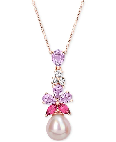 Pink Cultured Freshwater Pearl (9-1/2mm) & Multi-Gemstone (2-3/8 ct. t.w.) 18" Pendant Necklace in 18k Rose Gold-Plated Sterling Silver